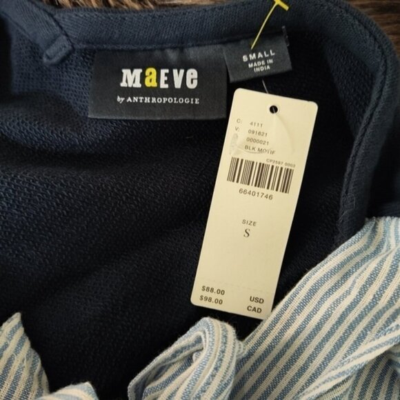 MAEVE Anthropologie Navy Blue White Flounced Bow-Black Pullover S NEW - Picture 7 of 8